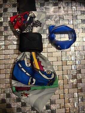 Blue Multi Car-Print Tie with Black Band & Ribbon To Attach